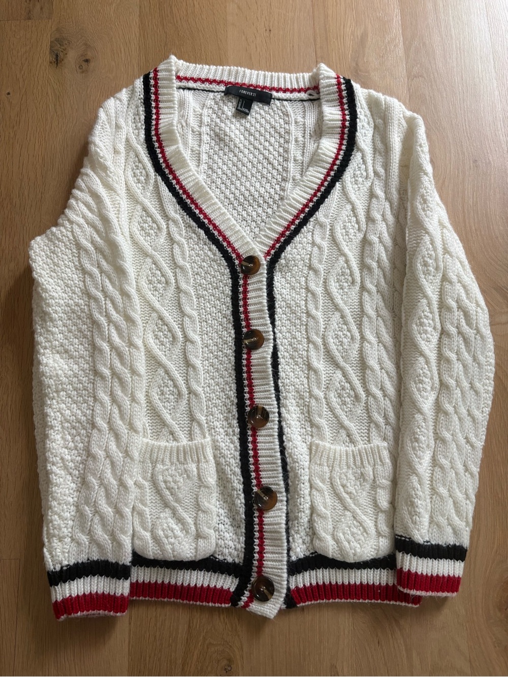 Forever 21 Cable Knit V-Neck Cardigan Sweater - White with Red & Black Trim